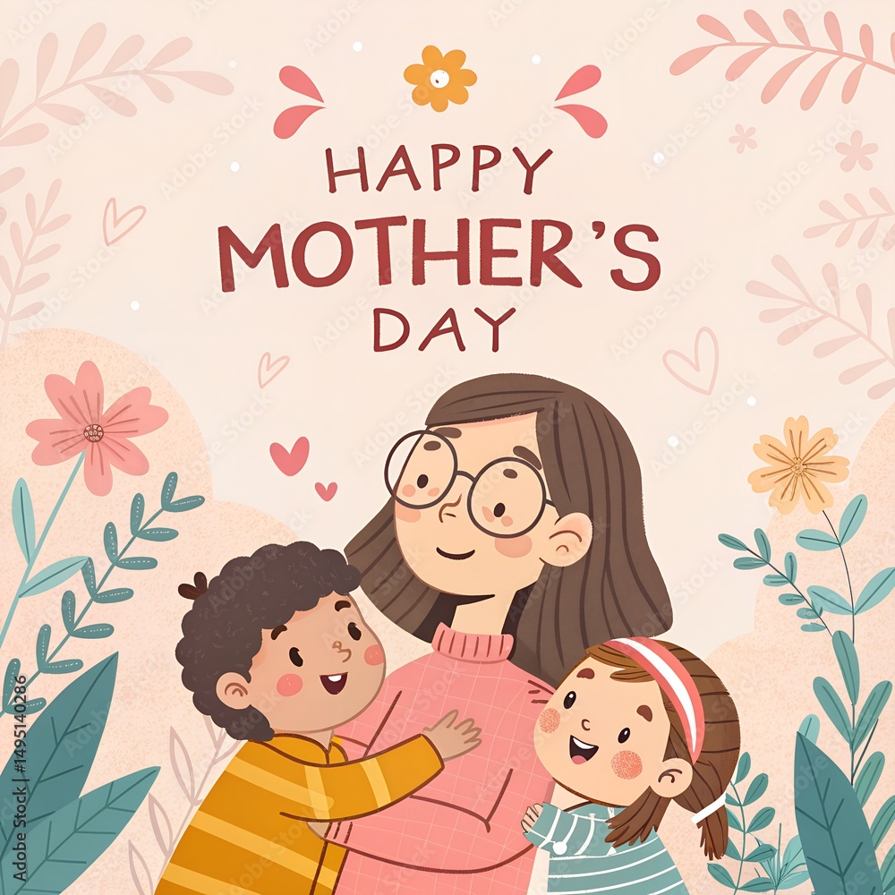 Happy Mother's Day, vector greeting design. character mom with children illustration Happy Mother's Day, vector greeting design. character mom with children illustration