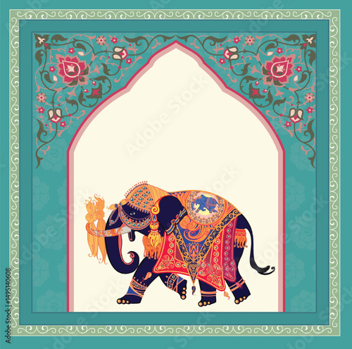 Traditional Mughal garden and seated queen frame illustration, Traditional Mughal temple lattice wall peacock tree pattern illustration, Traditional Mughal forest, garden, arch, peacock, bird