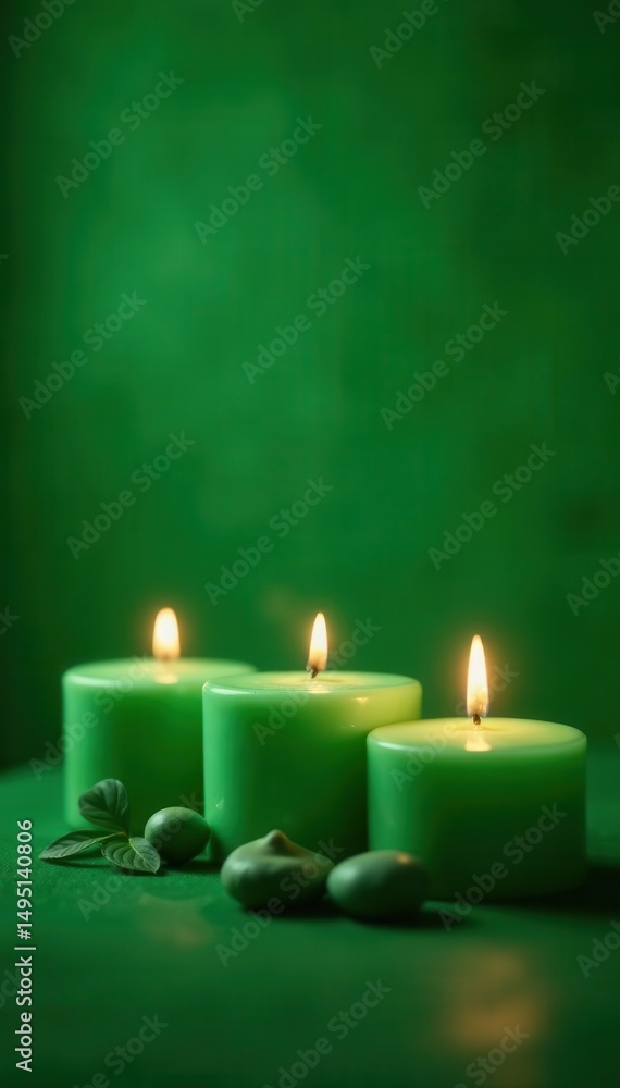 Emerald backdrop, three burning candles, spa ambiance , background, green, soft light Emerald backdrop, three burning candles, spa ambiance , background, green, soft light