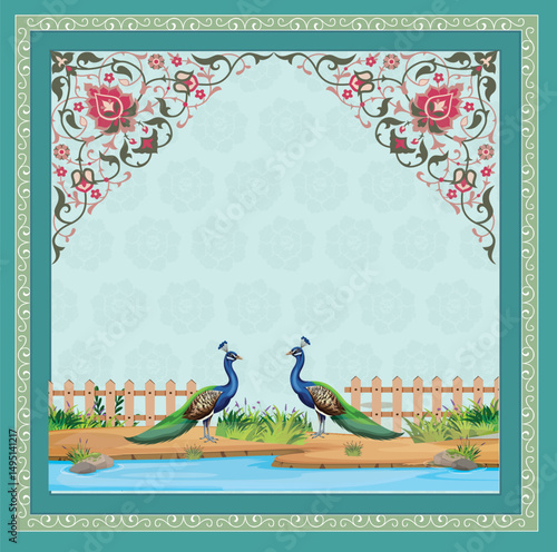 Mughal garden arch plant peacock illustration Traditional Islamic vector, Mughal garden frame pattran for wedding
