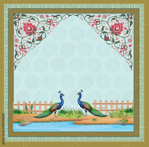 Mughal garden arch plant peacock illustration Traditional Islamic vector, Mughal garden frame pattran for wedding