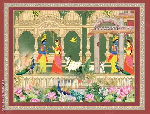 Traditional Mughal garden and seated queen frame illustration, Traditional Mughal temple lattice wall peacock tree pattern illustration, Traditional Mughal forest, garden, arch, peacock, bird