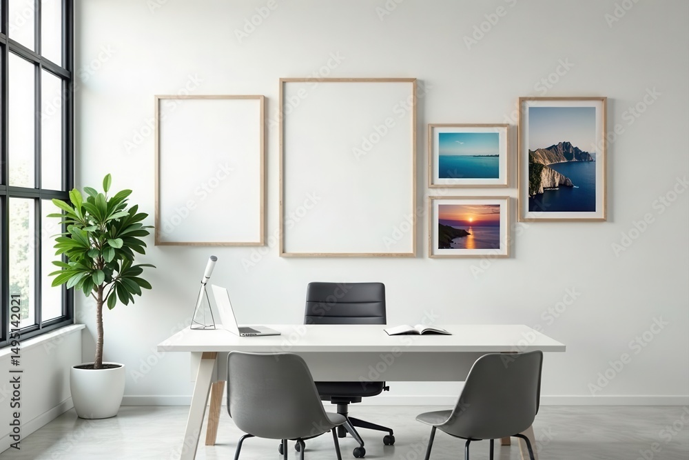 Modern office, various sized photo frames on white wall, clean, contemporary, composition Modern office, various sized photo frames on white wall, clean, contemporary, composition