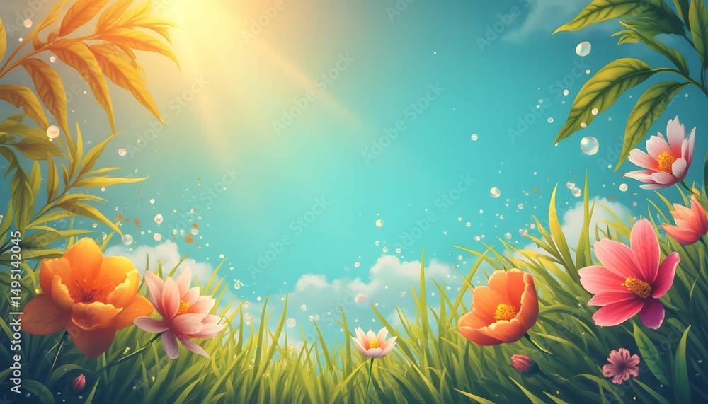 Fototapeta premium Colorful summer landscape with vibrant flowers under a bright sun and blue sky enhancing the cheerful atmosphere of a sunny day outdoors Generative AI