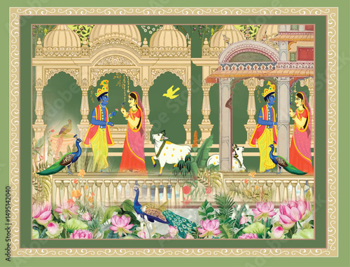 Traditional Mughal garden and seated queen frame illustration, Traditional Mughal temple lattice wall peacock tree pattern illustration, Traditional Mughal forest, garden, arch, peacock, bird
