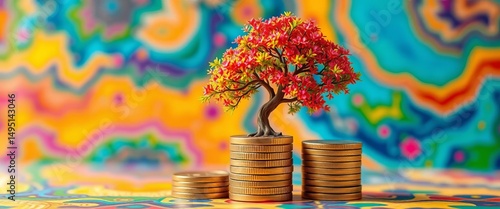 Vibrant tree sprouting from stacked coins on colorful backdrop,  deposit,  profit