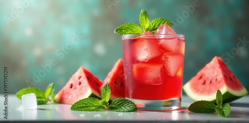 Refreshing watermelon mint cocktail in shaker, ice cubes visible, preparation, tart, close up