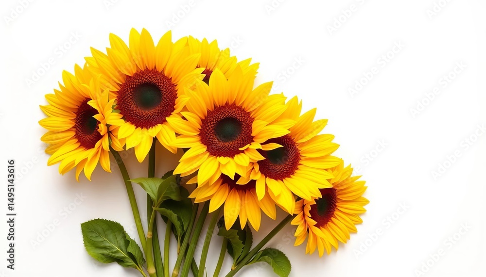 Fototapeta premium Vibrant yellow sunflowers arranged flat lay on a white background, postcard style, floral arrangement, composition