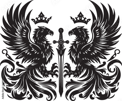 Black and white heraldic design featuring eagles crowns and a central sword element
