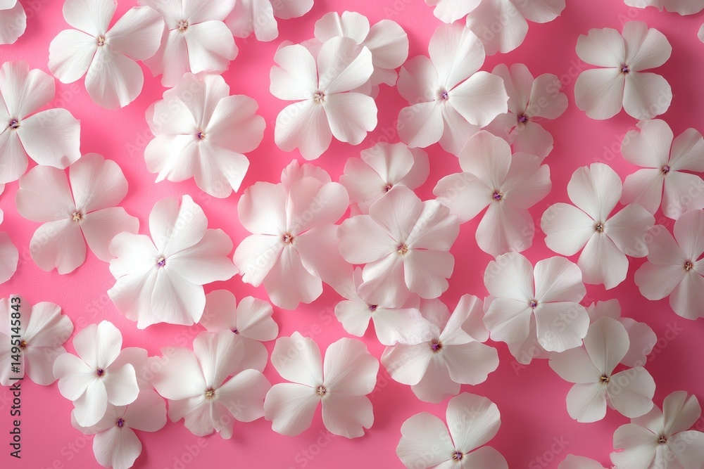 Delicate white flower petals arranged on a vibrant pink background. Delicate white flower petals arranged on a vibrant pink background.