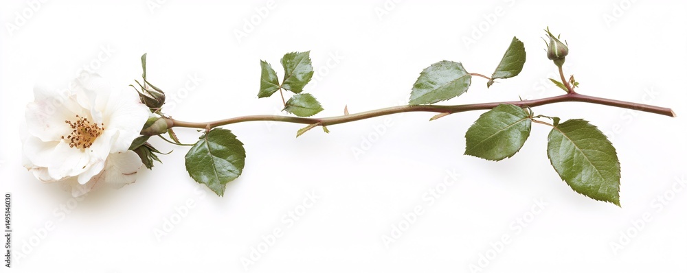 Fototapeta premium Single white rose stem with thorns, leaves, and buds lying horizontally on a white background
