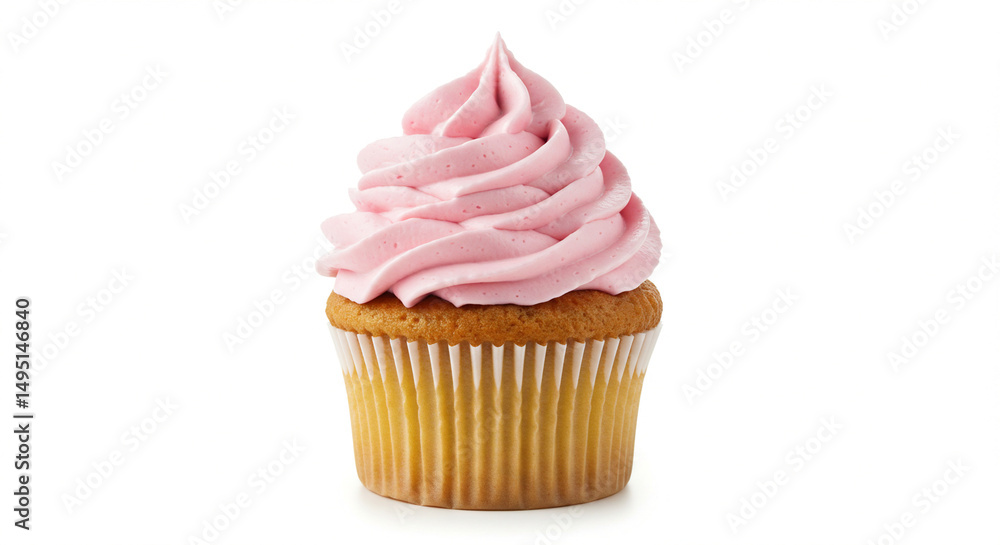 Sweet Delight: A single, elegantly iced cupcake, its fluffy pink frosting a swirl of deliciousness, sits enticingly in a simple, clean presentation. Sweet Delight: A single, elegantly iced cupcake, its fluffy pink frosting a swirl of deliciousness, sits enticingly in a simple, clean presentation.