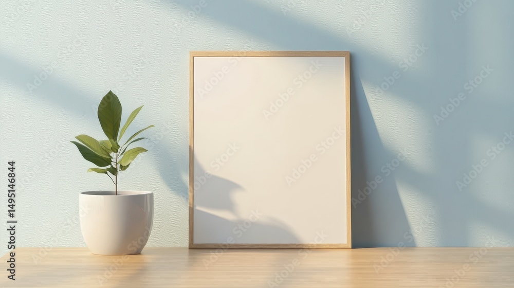 Minimalist decor with plant and blank frame home office interior design natural light modern aesthetic Minimalist decor with plant and blank frame home office interior design natural light modern aesthetic