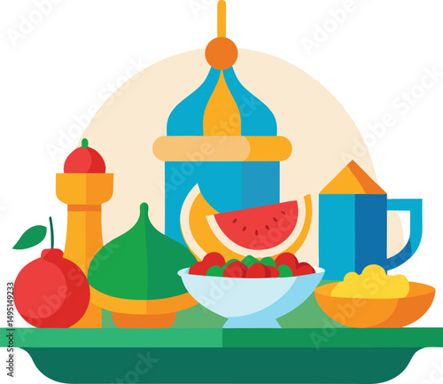 Traditional Halal Food Vector Set – Biryani, Tea, Sweets, Kebabs, Food Vector, Colored food vector