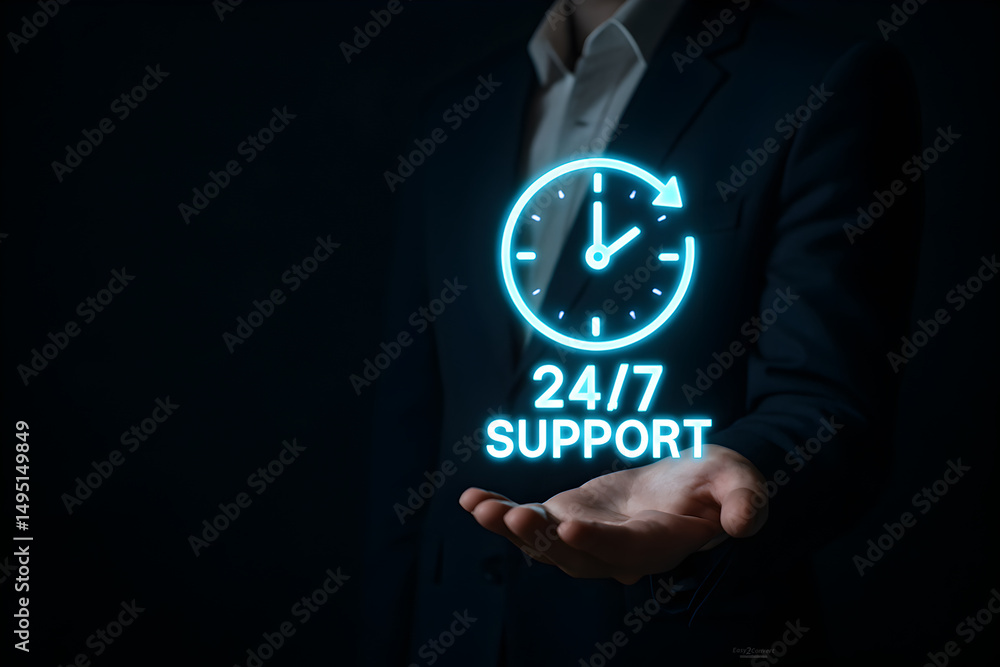 24/7 continuous support service concept. Businessman presents glowing icon representing 24/7 customer support, symbolizing nonstop assistance, helpline service, and reliable customer care solutions. 24/7 continuous support service concept. Businessman presents glowing icon representing 24/7 customer support, symbolizing nonstop assistance, helpline service, and reliable customer care solutions.
