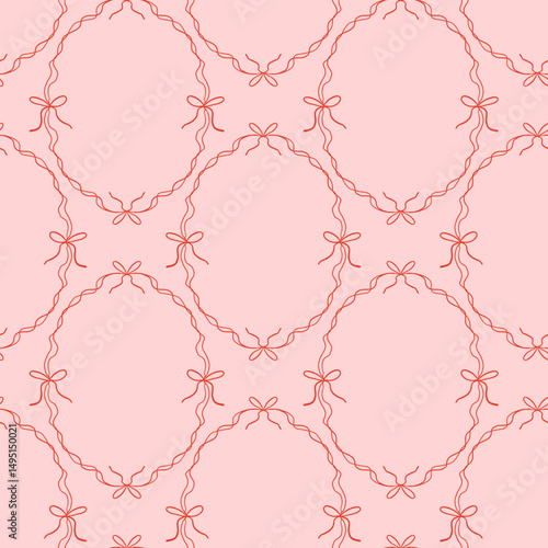 Cute seamless pattern with doodle hand drawn coquette ribbon frames with bows. Vintage whimsical borders. Preppy background for fabric, prints, wallpaper or wrapping paper.