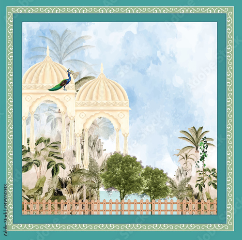 Traditional Mughal garden and seated queen frame illustration, Traditional Mughal temple lattice wall peacock tree pattern illustration, Traditional Mughal forest, garden, arch, peacock, bird