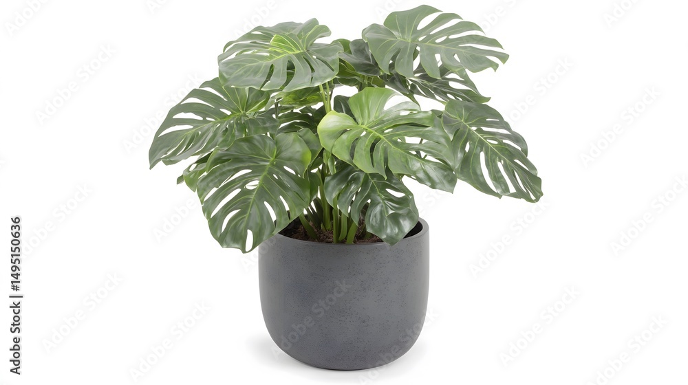 Fototapeta premium Lush monstera plant in a dark gray pot.