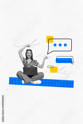 Wallpaper Mural Art image vertical photo collage of happy girl hold laptop type message communication icon chatterbox dialogue conversation Torontodigital.ca