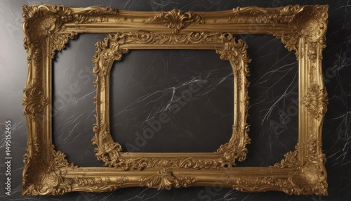 Ornate gold frame, swirling engravings, polished marble backdrop,  vintage,  rich