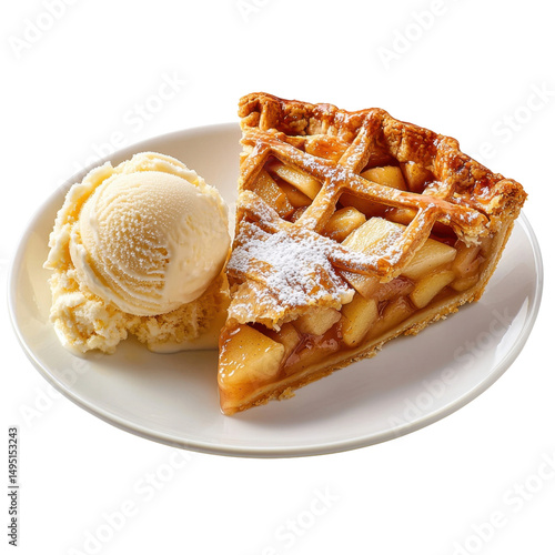 Delicious homemade apple pie slice with a scoop of vanilla ice cream served on a white plate, perfect for dessert lovers and food enthusiasts.
