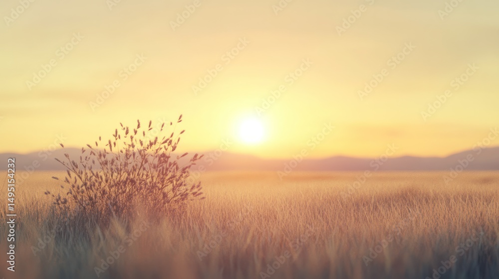 Fototapeta premium Beautiful Golden Sunrise Over Vast Wheat Field with Soft Morning Light and Subtle Cloud Horizon Creating Calm Natural Landscape Scene