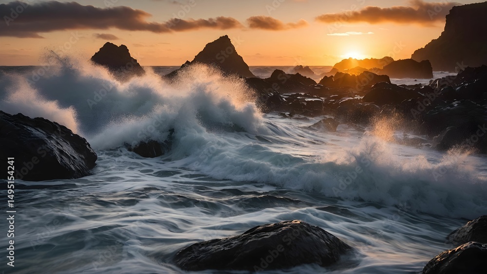 Fototapeta premium Vibrant summer sunset over rocky coastline with crashing waves and dramatic cloud formations in the sky Generative AI