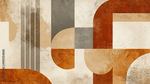 Abstract geometric shapes with textured layered patterns in warm earthy tones of beige brown orange and gray modern minimalist design