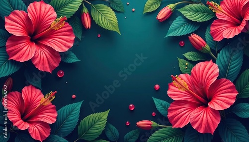 Bold vibrant hibiscus & tropical foliage, endless design, lush, fabric