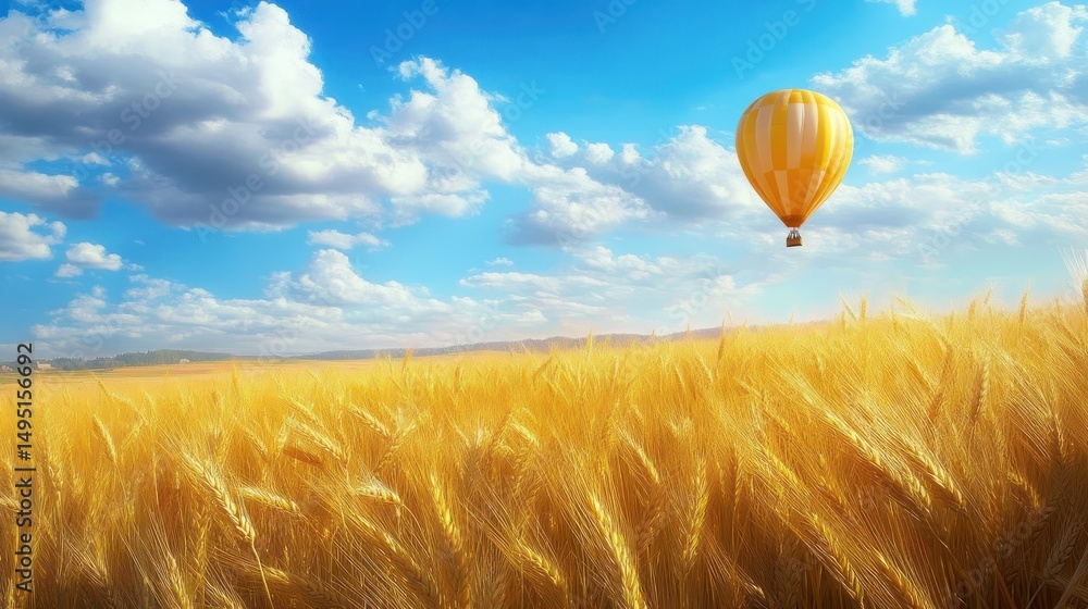 Obraz premium Hot air balloon soaring over golden wheat field under a vibrant blue sky