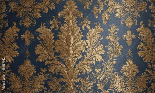 Intricate gold & blue damask floral wallpaper, seamless pattern,  antique,  rococo