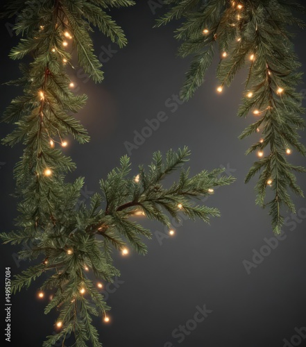 Repeating Xmas coniferous branches, illuminated garland ,  silver,  garland,  wood