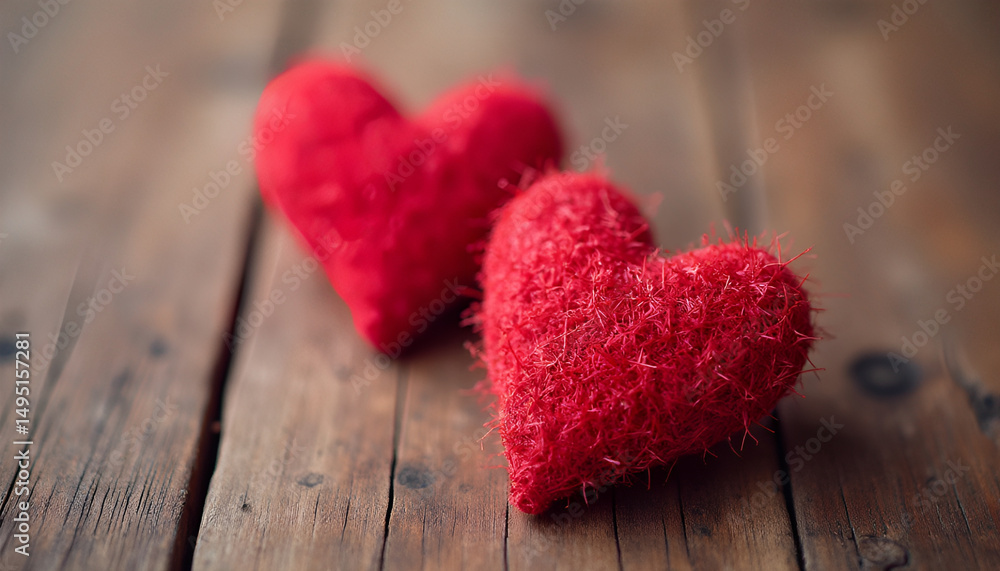 Fototapeta premium Valentines day background with two red hearts on wooden background