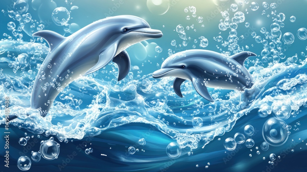 Fototapeta premium Two dolphins leap playfully through ocean waves, surrounded by bubbles