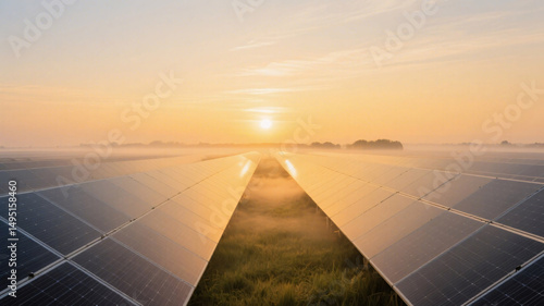 Mist-covered grassy field with solar panels catching sunrise light, realistic professional shot evoking renewable future and efficiency