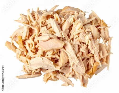 Shredded cooked chicken on white background with clipping path for food styling or meal prep concept