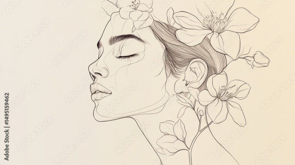 Elegant Artistic Illustration of a Woman with Closed Eyes and Long Hair Surrounded by Detailed Flowers and Botanical Elements in Soft Line Art Style Elegant Artistic Illustration of a Woman with Closed Eyes and Long Hair Surrounded by Detailed Flowers and Botanical Elements in Soft Line Art Style