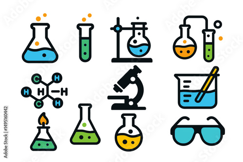 Science lab equipment and experiments illustrated in a modern vector style, showcasing various beakers and a microscope in action
