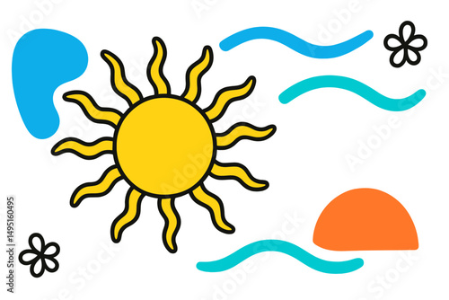 Bright sun over a tranquil sea with waves and flowers in a modern vector illustration capturing summer vibes