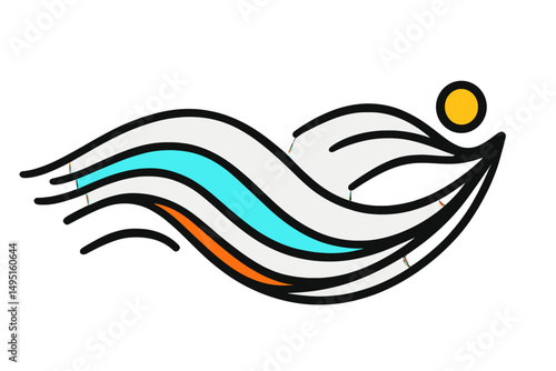 Modern vector illustration of flowing waves and a sun depicting movement and tranquility in a coastal setting