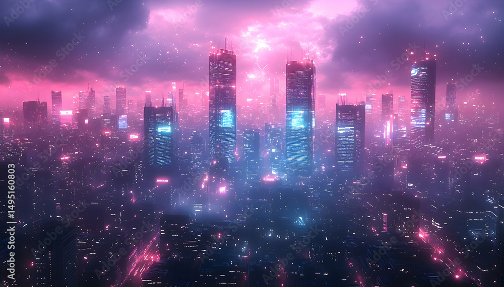 Obraz premium Futuristic city skyline at dusk, awash in pink and blue neon lights beneath a moody, dramatic sky