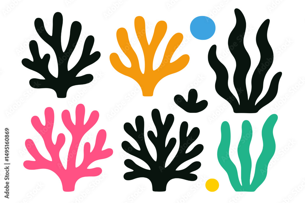 Fototapeta premium Colorful vector illustration of various seaweed and coral forms in a modern artistic style