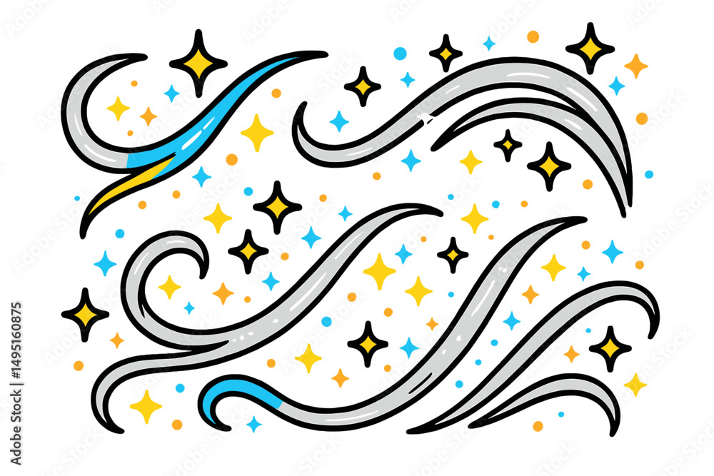 Fototapeta premium Swirling patterns of silver and blue with sparkling stars against a white background for modern design aesthetics