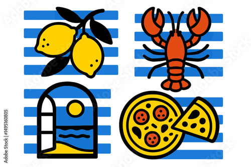 Colorful vector illustration featuring lemons, lobster, pizza, and a coastal window design against a striped background
