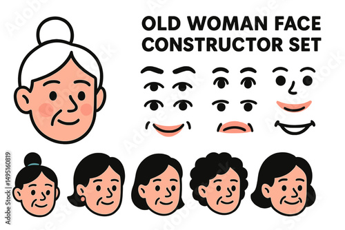 Modern vector illustration of an old woman face constructor set with various expressions and hairstyles for character design purposes