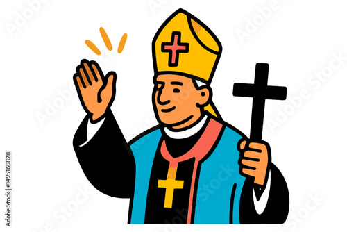 Modern vector illustration of a bishop waving with a cross in hand showcasing a blend of religious symbolism and contemporary design