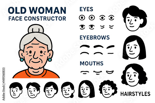 Vector illustration showcasing a customizable face constructor for an elderly woman with various eyes, eyebrows, mouths, and hairstyles