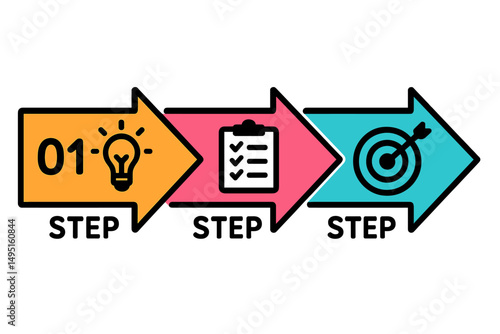 Modern vector illustration depicting a step-by-step process with icons for idea generation, planning, and goal setting