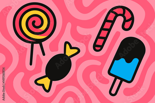 Colorful candy assortment featuring lollipop, candy cane, and popsicle on vibrant pink background with playful swirls