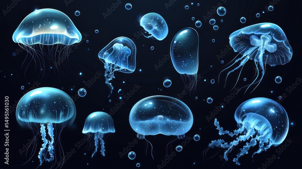 Naklejka premium Glowing jellyfish collection in dark ocean